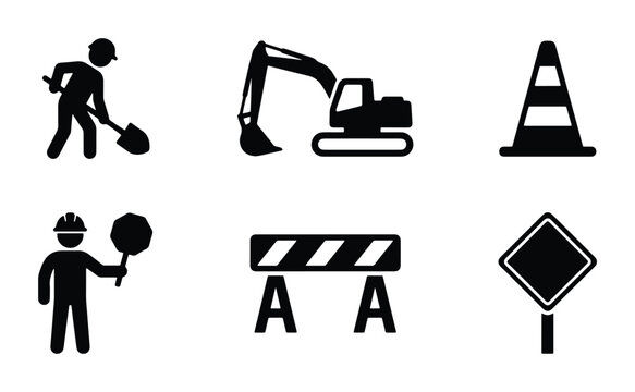 Construction site silhouettes set with worker with shovel, excavator, traffic cone, barrier and sign for industry and safety