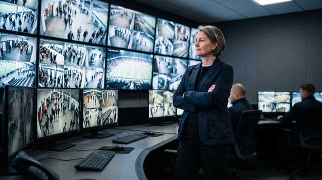 Confident female security director standing with folded arms in front of multiple cctv surveillance monitors, symbolizing professional safety oversight and high-tech security control room operations.