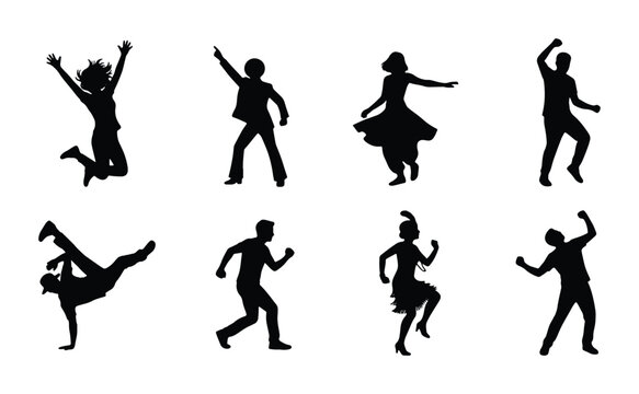 Diverse dancers silhouettes set with jumping, breakdancing and flapper poses for lifestyle or sports