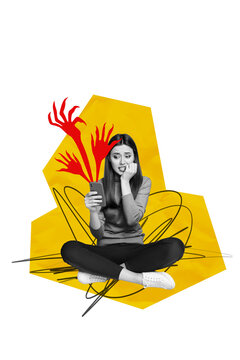 Composite artwork sketch image collage of monochrome young lady sit hold phone confused bite nails bullying abuse stress fail problem
