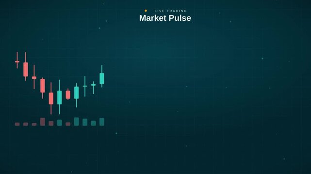 Animated 4K teal candlestick chart forming on dark terminal with price tag, trading motion background
