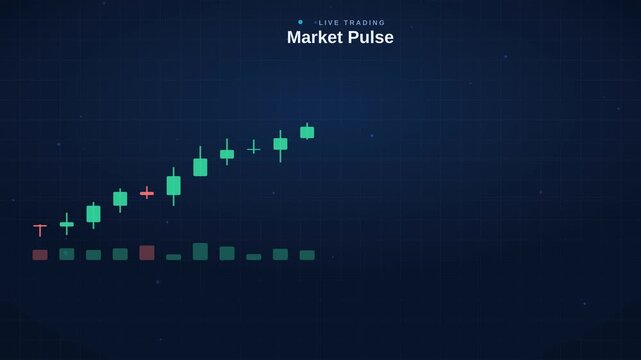 4K cobalt trading screen with animated candle chart and volume bars, stock market analysis motion graphics