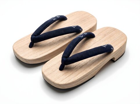 A pair of traditional Japanese wooden geta clogs featuring dark blue fabric thong straps, isolated on a clean white background, showcasing Asian footwear design and cultural craftsmanship
