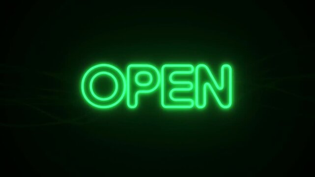 Slow motion neon open sign pulsing and drifting across dark studio background with subtle green glow and horizontal light streaks