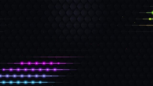 Futuristic glowing neon horizontal led lines moving on dark hexagonal pattern background loop
