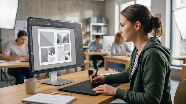 Female graphic designer using a stylus tablet to edit editorial wireframe layouts on a large desktop monitor in a studio, highlighting creative digital publishing and visual design work.