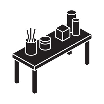 Table with assorted containers and writing implements black silhouette