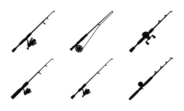 Fishing rod silhouettes set with reels for angling and sport, outdoor leisure