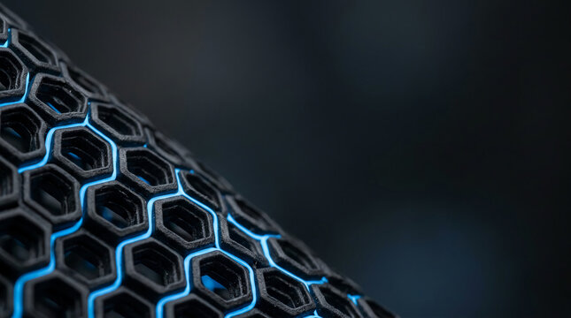Abstract black hexagonal honeycomb mesh with neon blue glowing lines represents futuristic technology and data flow in a dark sci-fi background macro shot of 3D printed nanotech material