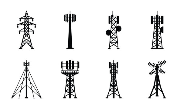 Telecommunication tower silhouettes set with cell towers and power pylons for network and communication