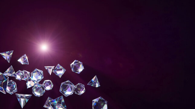 Floating geometric crystals and prismatic glass diamonds falling through a deep purple space with bright light flare, luxury abstract background for digital art and futuristic design