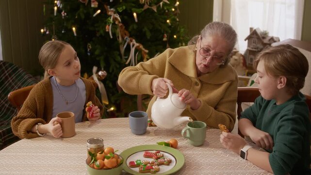 Senior Caucasian grandmother pouring tea from teapot for Caucasian children eating cookies during Christmas. Perfect for winter holiday advertising and family lifestyle video projects