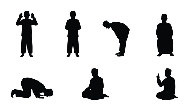 Muslim prayer silhouettes set with figures in various poses for Islamic culture and religion