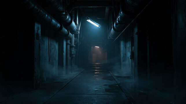 A dark narrow industrial corridor with metal pipes and dim blue lighting stretching into the distance