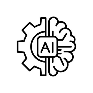 Gear with AI brain outline icon for artificial intelligence or machine learning concept vector illustration