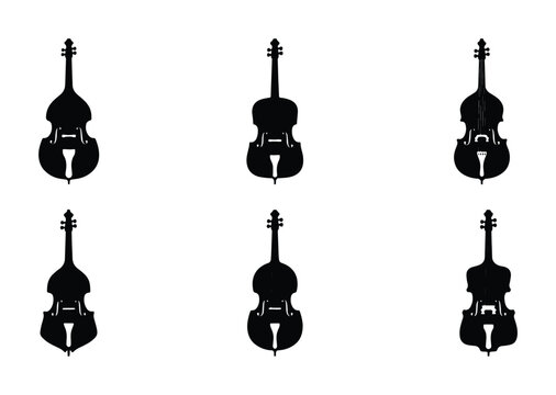 Double bass silhouettes set with string instruments for music logo, signage, and print
