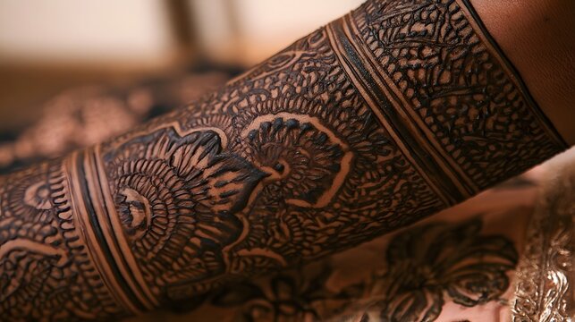 Close up of a person s arm adorned with detailed henna patterns in warm  earthy tones  showcasing traditional ornamental ry