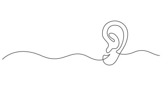 Ear continuous one line drawing video. Hand drawn outline hear symbol animation, World deaf day single line concept template, Self drawing line animation ear, Full length single line animation, 4k