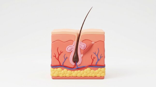 Detailed 3D anatomical cross section of human skin and hair follicle