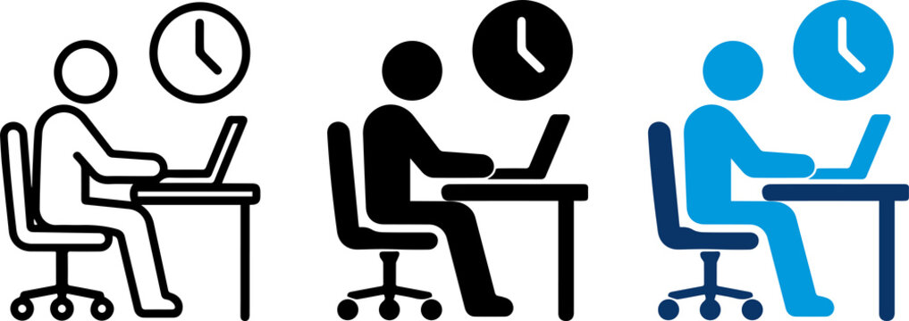Work From Home and Time Management Icon Set, Remote Work, Laptop, Office Worker and Productivity Vector Symbols
