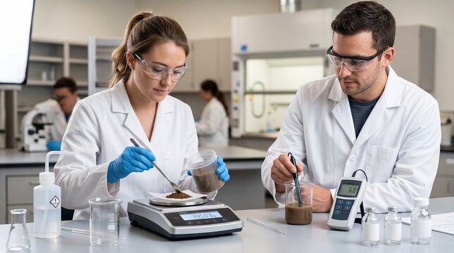 Two chemistry lab students wearing safety goggles weighing soil samples on a digital scale and measuring liquid pH, conveying soil chemistry research, lab experiment, and scientific testing.