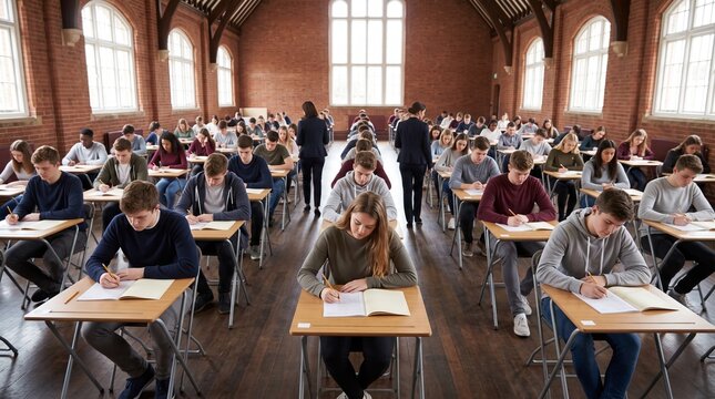 Students sitting at individual desks taking a final written exam in a large historic hall with invigilators watching, symbolizing academic evaluation, university testing, and quiet concentration.