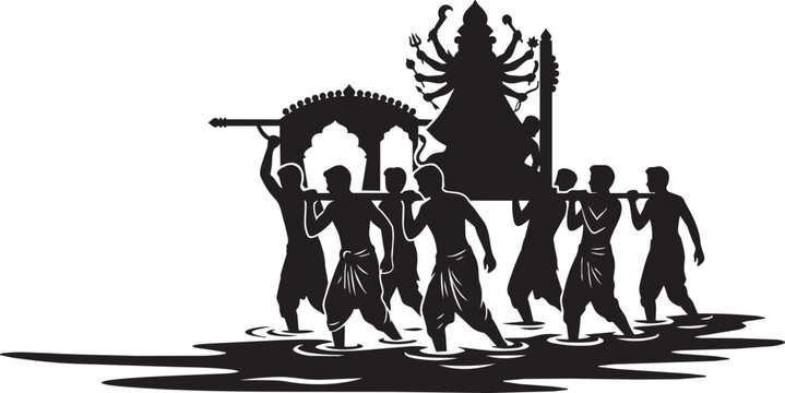 Black silhouette of people carrying goddess durga idol on a traditional palanquin for indian festival parade isolated on transparent background, Vector