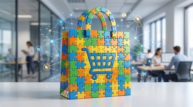 A shopping bag made of colorful puzzle pieces with a cart icon, representing ecommerce, digital retail, and business connectivity in an office setting