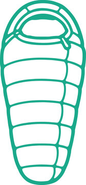 Teal outline icon of a mummy sleeping bag with horizontal baffles and a zippered hood, isolated on white also transparent background