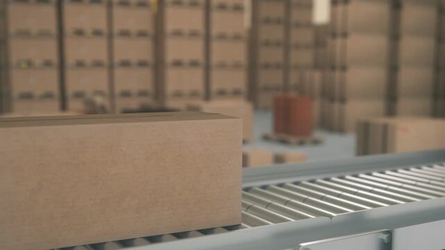 Cardboard Boxes Moving on Warehouse Conveyor With Robotic Arm Pickup
