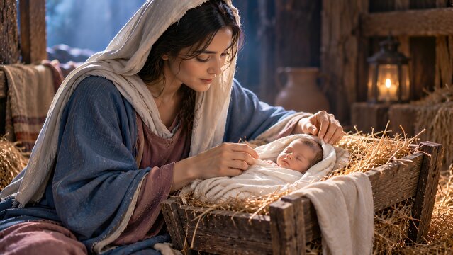 Mary Caring for Swaddled Baby in Christmas Nativity Manger