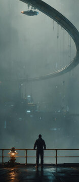 Vertical photo of a silhouetted person watching a spaceship fly over a futuristic city. Observer on a platform looking at a massive industrial complex in the fog. Dark sci-fi dystopian concept