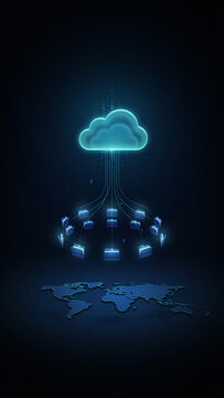 Cloud computing concept featuring a glowing digital cloud icon connected to a network of servers above a world map computing technology internet connectivity business