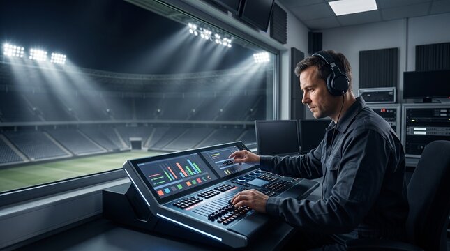 Male lighting operator wearing headphones adjusting controls on a large lighting console overlooking a lit stadium, representing stadium event production and live broadcast engineering