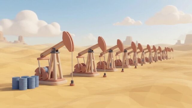 3D Render of Oil Derrick Pump Functioning in Arid Landscape for Petroleum Supply and Energy Industry