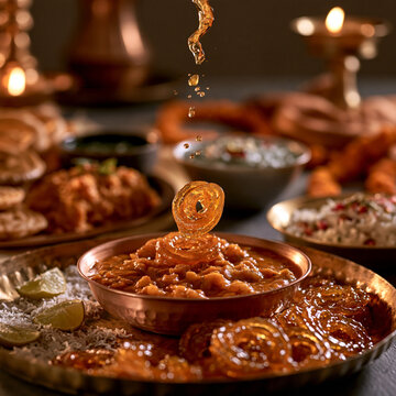 Syrup pouring over traditional indian jale over jalebi dessert served on traditional indian