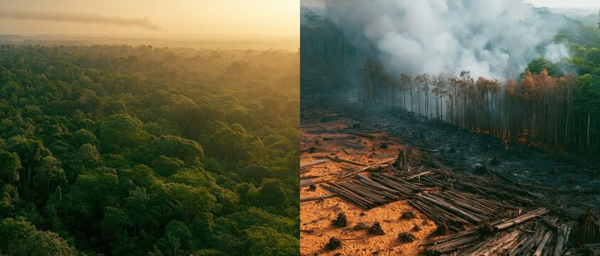 An epic cinematic split-screen aerial photograph, contrasting a vibrant green rainforest canopy on one side with a devastated zone of deforested land, cut logs, and active wildfire smoke on the other.