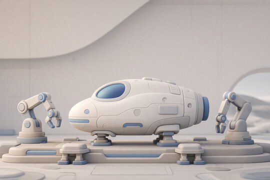 Minimalist white spaceship pod on a platform with robotic arms. Futuristic spacecraft prototype in a clean laboratory setting. Automated assembly concept