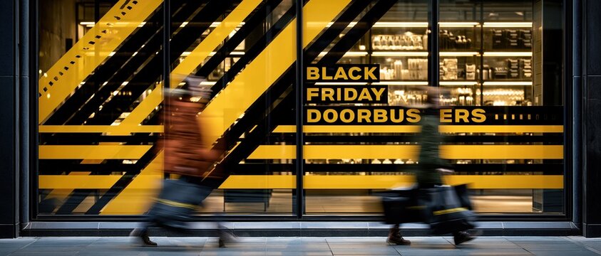 Shoppers blur past a bold yellowandblack Black Friday doorbusters window display, capturing the urgency and energy of seasonal sale shopping on a busy city street.