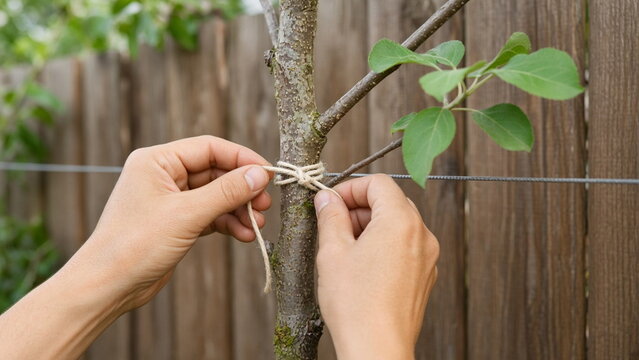 Hands tying espalier fruit tree branch to wire
