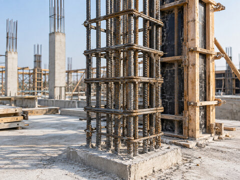 Reinforced concrete column rebar cage before concrete placement at active building construction site