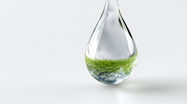 A single drop of water suspended in the air, encapsulating a miniature green landscape with soil and vegetation within it. The droplet reflects a clear, bright light.
