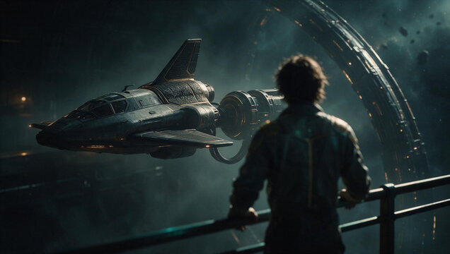 Person observing a sleek spaceship docked near a massive ring structure in space. Cinematic sci-fi concept of future space travel