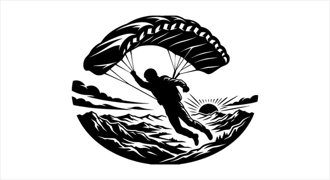 Silhouette of a skydiver descending with a parachute over mountains.