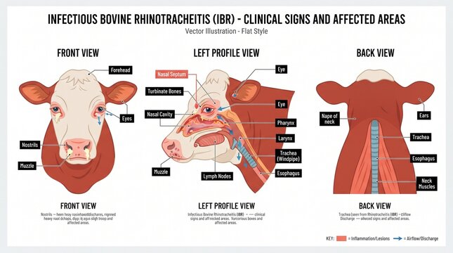 Educational Medical Chart Illustrating Infectious Bovine Rhinotracheitis Clinical Signs in Cattle