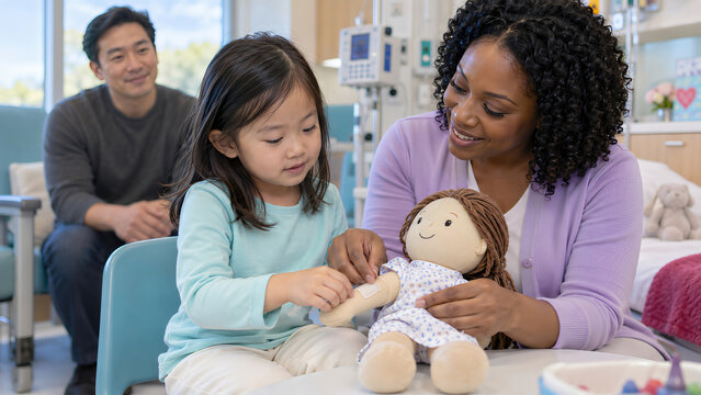 Pediatric Nurse Comforting Child Through Therapeutic Doll Play
