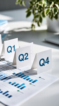 Four upright cards labeled "Q1" "Q2" "Q3" and "Q4" arranged in chronological order on a clean office surface annual planning sheet beneath them with four aligned revenue charts