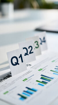 Four upright cards labeled "Q1" "Q2" "Q3" and "Q4" arranged in chronological order on a clean office surface annual planning sheet beneath them with four aligned revenue charts