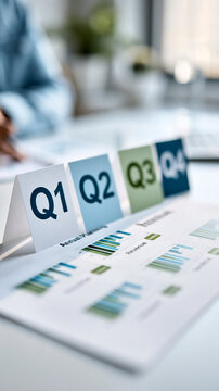 Four upright cards labeled "Q1" "Q2" "Q3" and "Q4" arranged in chronological order on a clean office surface annual planning sheet beneath them with four aligned revenue charts
