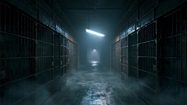 A dark narrow industrial corridor with metal cages stretching deep into the distance in a dim facility